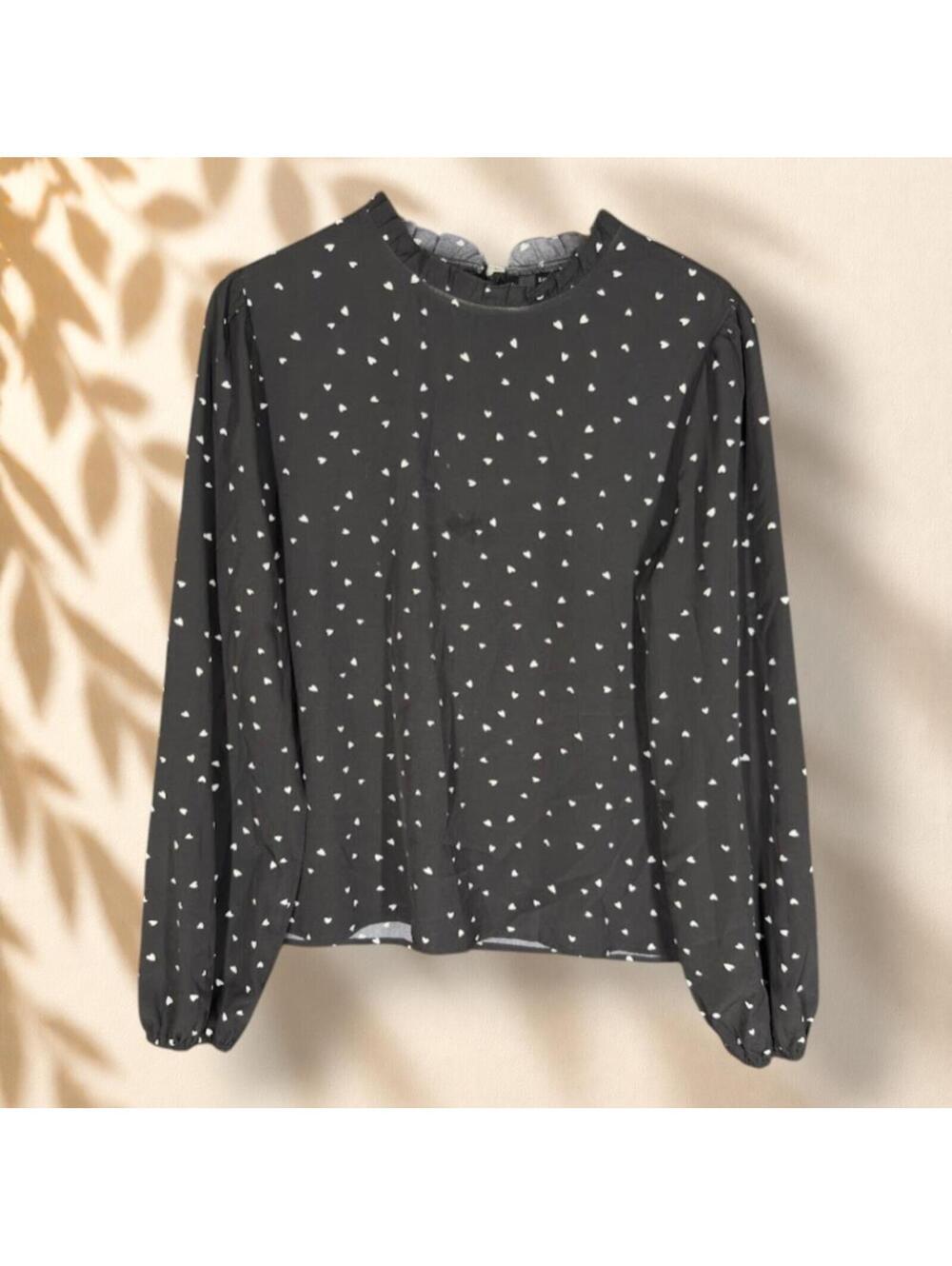 SheIn Blouse Women XL Black Geometric Long Sleeve Crew Neck Hook & Eye Casual
